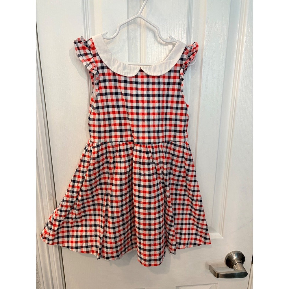 Janie and Jack Dress Red White Blue Gingham Peter Pan Collar Ruffle Plaid Kids 4
